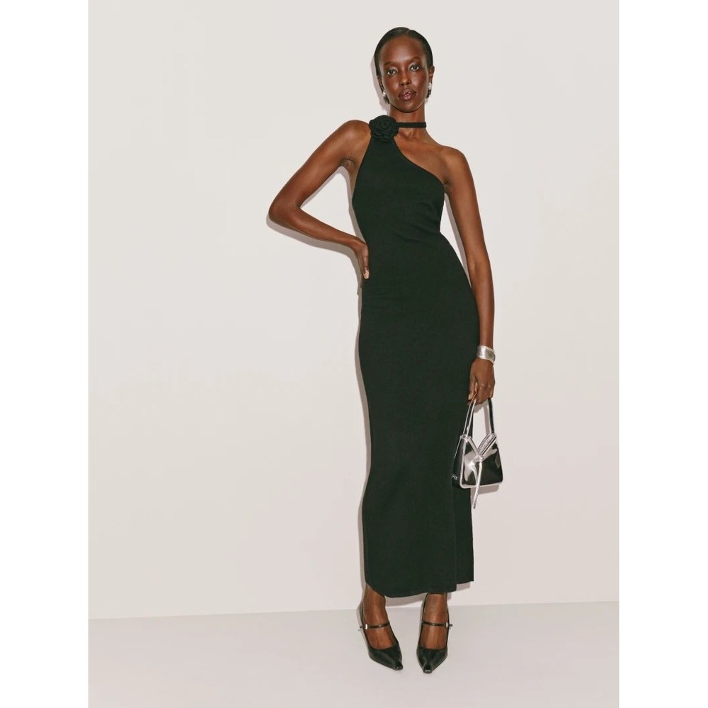 NWT Reformation Ilaria Cashmere Dress Women XL‎ Black Rosette One Shoulder Maxi